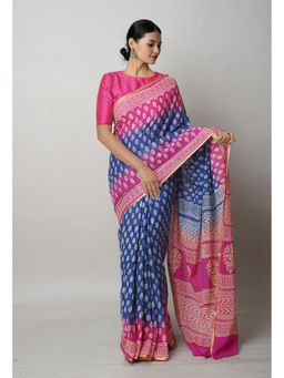 Unnati Silks - Navy Blue Pure Contrast Hand Block Printed Mulmul Cotton Saree with Unstitched Blouse