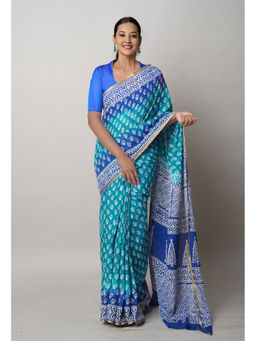 Unnati Silks - Turquoise Pure Contrast Hand Block Printed Mulmul Cotton Saree with Unstitched Blouse