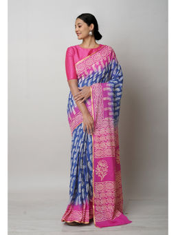 Unnati Silks - Navy Blue Pure Contrast Hand Block Printed Mulmul Cotton Saree with Unstitched Blouse