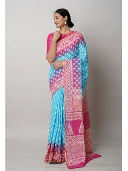 Unnati Silks - Turquoise Pure Hand Block Printed Soft Cotton Saree with Unstitched Blouse