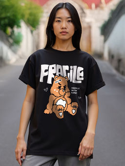 Bewakoof - Women's Black Fragile Graphic Printed Boyfriend T-shirt