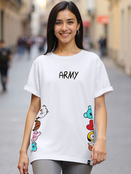 Bewakoof - Women's White Peeking Army Graphic Printed Boyfriend T-shirt
