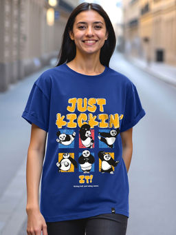 Bewakoof - Kung Fu Panda Women's Blue Just Kickin'it Graphic Printed Boyfriend T-shirt