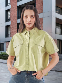 Bewakoof - Women's Light Olive Green Oversized Crop Shirt