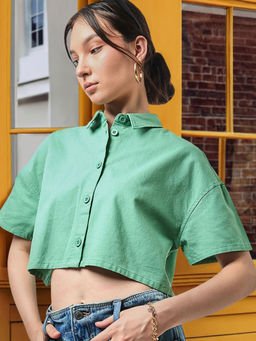 Bewakoof - Women's Green Oversized Crop Cotton Linen Shirt