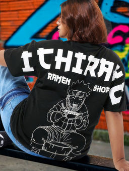 Bewakoof - Air 1.0 Naruto Womens Black Ichiraku Ramen Shop Graphic Printed Oversized Plus Size T-shirt