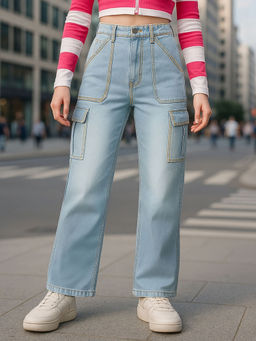 Bewakoof - Womens Light Blue Washed Wide Leg Cargo Jeans