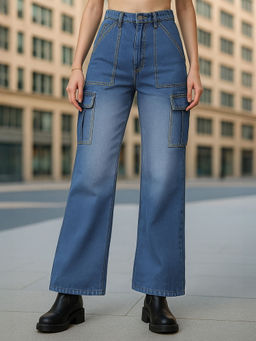 Bewakoof - Womens Dark Blue Washed Wide Leg Cargo Jeans