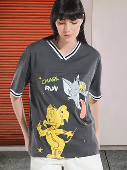 Bewakoof - Women's Grey Tom N Jerry Graphic Printed Oversized T-shirt