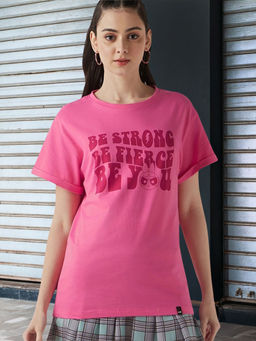 Bewakoof - Women's Pink Buy Myself Flowers Typography Boyfriend T-shirt