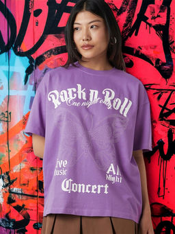 Bewakoof - Heavy Duty 1.0 Women's Purple Rock N Roll Graphic Printed Oversized T-shirt