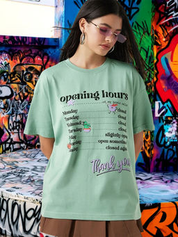 Bewakoof - Women's Granite green Opening hours Graphic Printed Oversized T-shirt