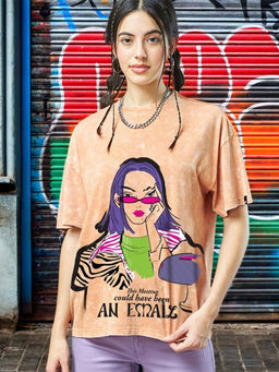 Bewakoof - Women's Orange This Meeting Graphic Printed Oversized Acid Wash T-shirt