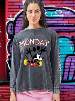 Bewakoof - Official Disney Women's Black Monday Graphic Printed Oversized Acid Wash T-shirt