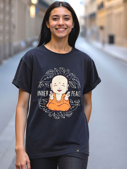 Bewakoof - Women's Blue Inner Peace Graphic Printed Boyfriend T-shirt