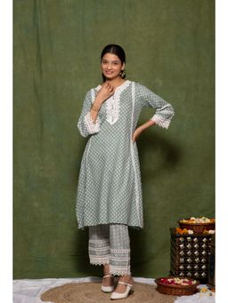 JS Label  - JS LABEL White And Mint Green Block Printed Cotton Mul Dupatta
