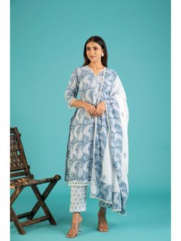 JS Label  - JS LABEL White And Blue Hand Block Print Cotton Dupatta