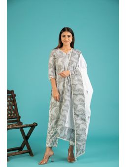 JS Label  - JS LABEL White And Grey Hand Block Print Cotton Dupatta