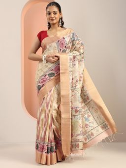 Libas - Off White Tribal Printed Tassels Border Saree with Unstitched Blouse