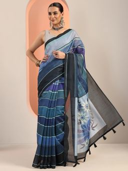 Libas - Blue Printed Tassels Border Saree with Unstitched Blouse