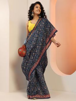 Libas - Navy Blue Ethnic Motif Printed Tassels Border Saree with Unstitched Blouse
