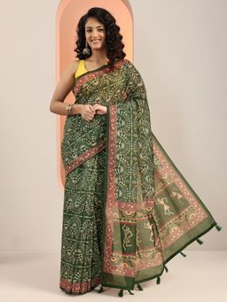 Libas - Green Ethnic Motif Printed Tassels Border Saree with Unstitched Blouse