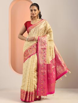 Libas - Beige Woven Saree with Tassels At Border with Unstitched Blouse