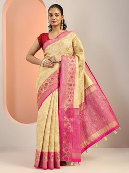 Libas - Beige Woven Saree with Tassels At Border with Unstitched Blouse