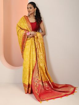 Libas - Yellow Woven Saree with Tassels At Border with Unstitched Blouse
