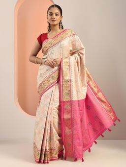 Libas - Off White Ethnic Printed Tassels Border Saree with Unstitched Blouse