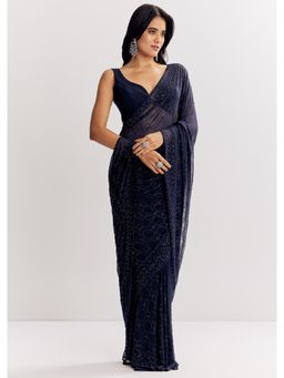 KALKI FASHION - Navy Blue Georgette Stones All Over Embellished Saree with Unstitched Blouse