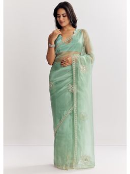 KALKI FASHION - Mint Green Glass Tissue Cut dana And Sequins Saree with Unstitched Blouse