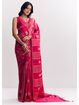 KALKI FASHION - Rani Pink Dola Silk Gota Patti Woven Motif Saree with Unstitched Blouse
