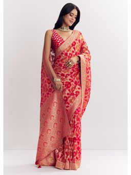 KALKI FASHION - Red Shaded Dola Silk Work Saree with Unstitched Blouse