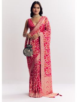 KALKI FASHION - Rani Pink Georgette Zari Jaal Work Saree with Unstitched Blouse