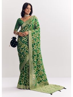 KALKI FASHION - Bottle Green Shaded Dola Silk Zari Jaal Work Saree with Unstitched Blouse