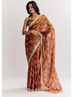 KALKI FASHION - Brown Printed Tissue Zari Mirror And Cut dana Saree with Unstitched Blouse
