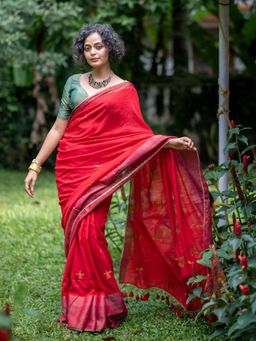 Suta - Red Pure Cotton Saree without Blouse