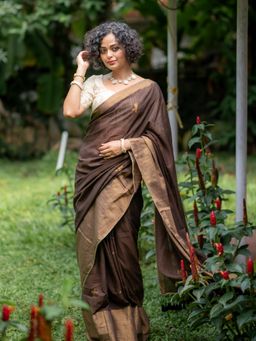 Suta - Brown Pure Cotton Saree without Blouse