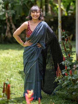 Suta - Navy Blue Cotton Blend Saree without Blouse