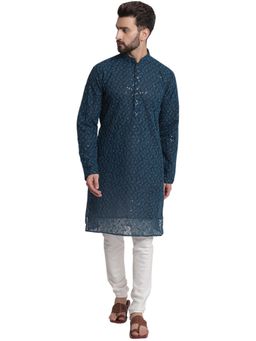 Treemoda - Designer Blue Georgette Chikankari Kurta With Churidar Pyjama For Men (Set of 2)
