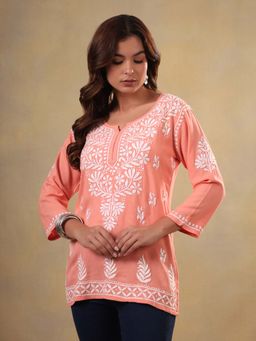 CLUB LOOM - Women Peach Embroidery Chikankari Tunic