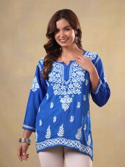 CLUB LOOM - Women Navy Blue Embroidery Chikankari Tunic