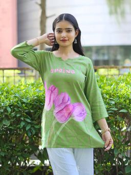 NIKATT - Women Green Tulip Watercolor Print Spring Tunic