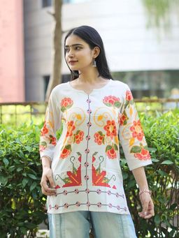 NIKATT - Women White Floral 3/4 Sleeve Tunic