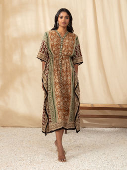 Likha - Ochre Bandana Print Cotton Kaftan LIKDRS11 (Free Size)
