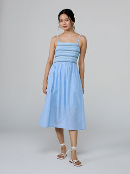 Twenty Dresses by Nykaa Fashion - Light Blue Shoulder Strap Smocked Tiered Midi Dress