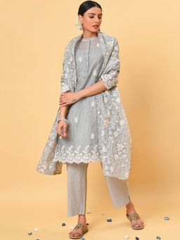 NUHH - Grey & White Kota Cotton Kurta Inner And Pant With Dupatta (Set of 4)