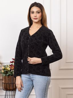 TWENTY ME - Black Acrylic Wool V Neck Full Sleeve Button Solid Cardigan