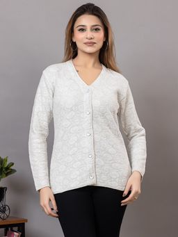 TWENTY ME - White Acrylic Wool V Neck Full Sleeve Button Solid Cardigan